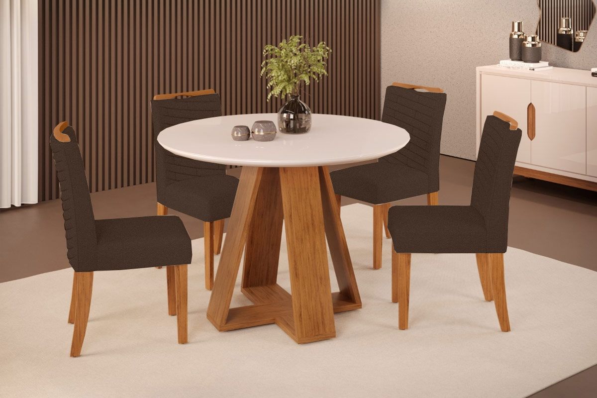 Sala Jantar Mesa Celeste c/ Tampo Madeirado c/ Vidro Redondo 103x103cm e 4 Cadeiras Lia - DJ Móveis