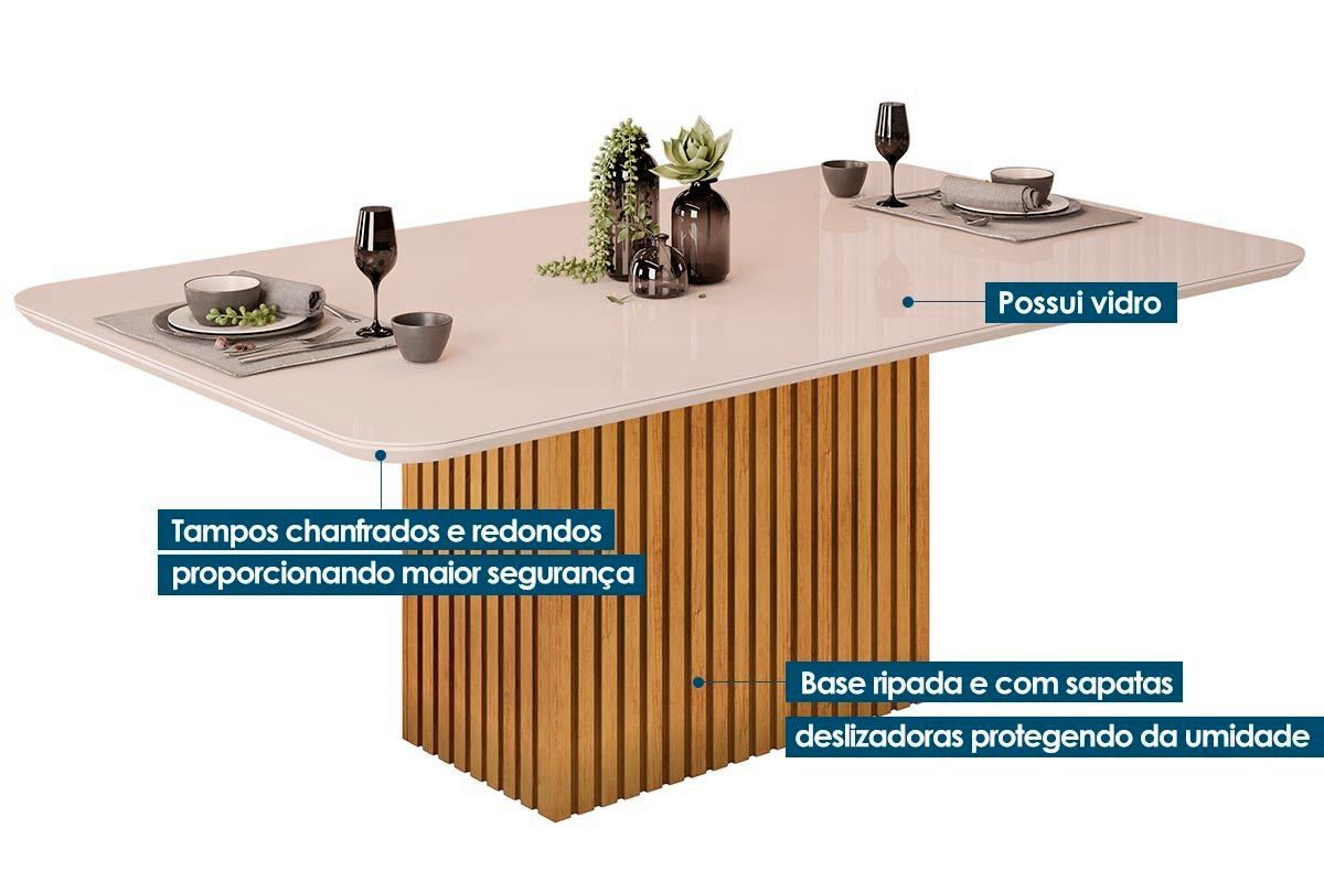 Sala Jantar Mesa Canes c/ Tampo Madeirado c/ Vidro Curvo 200x100cm e 8 Cadeiras Julia - DJ Móveis