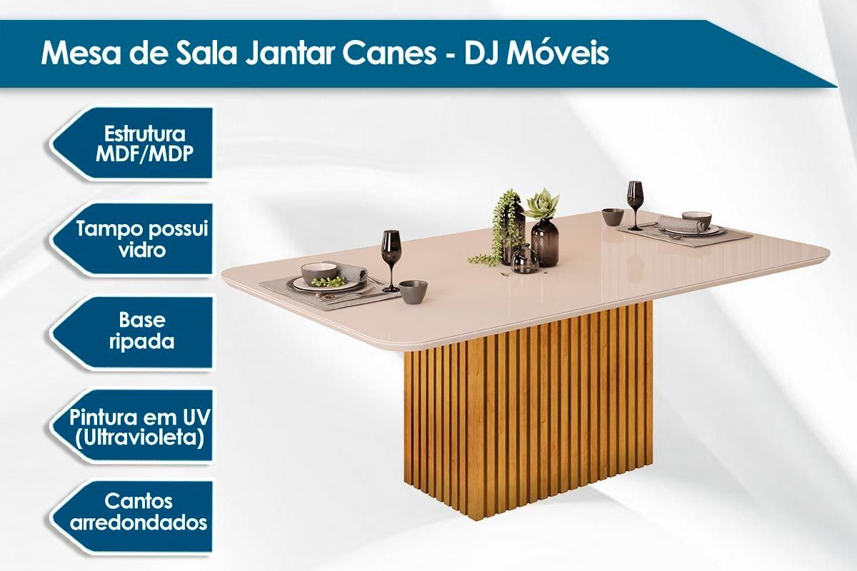 Sala Jantar Mesa Canes c/ Tampo Madeirado c/ Vidro Curvo 200x100cm e 8 Cadeiras Stela - DJ Móveis