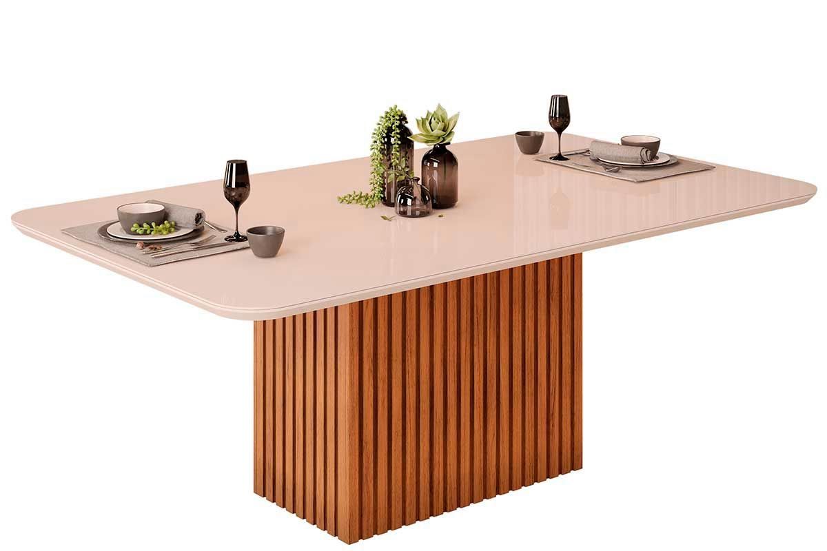 Sala Jantar Mesa Canes c/ Tampo Madeirado c/ Vidro Curvo 200x100cm e 8 Cadeiras Stela - DJ Móveis