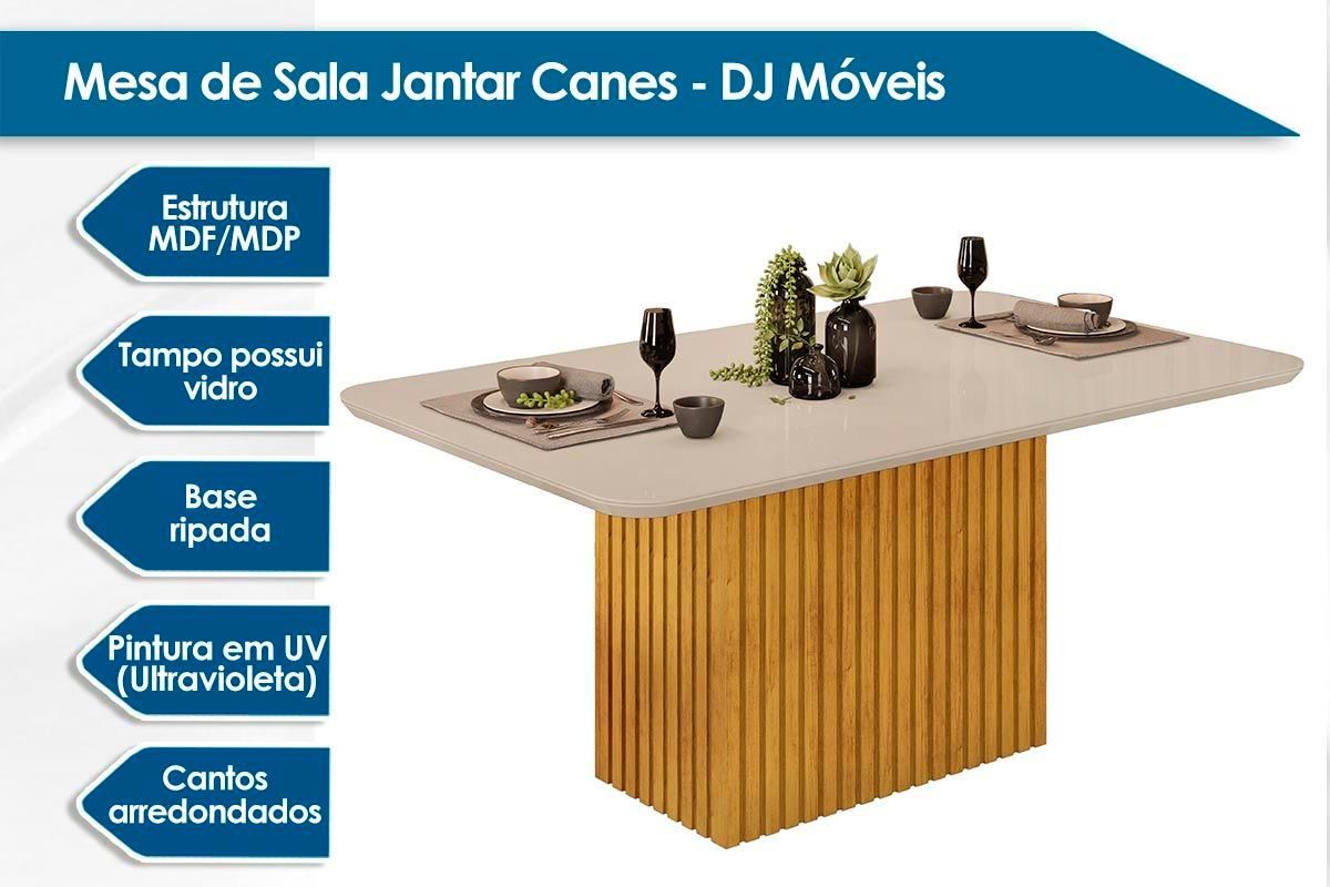 Sala de Jantar Completa Canes c/ Tampo Madeirado c/ Vidro Curvo 170x90cm e 6 Cadeiras Jade - DJ Móveis