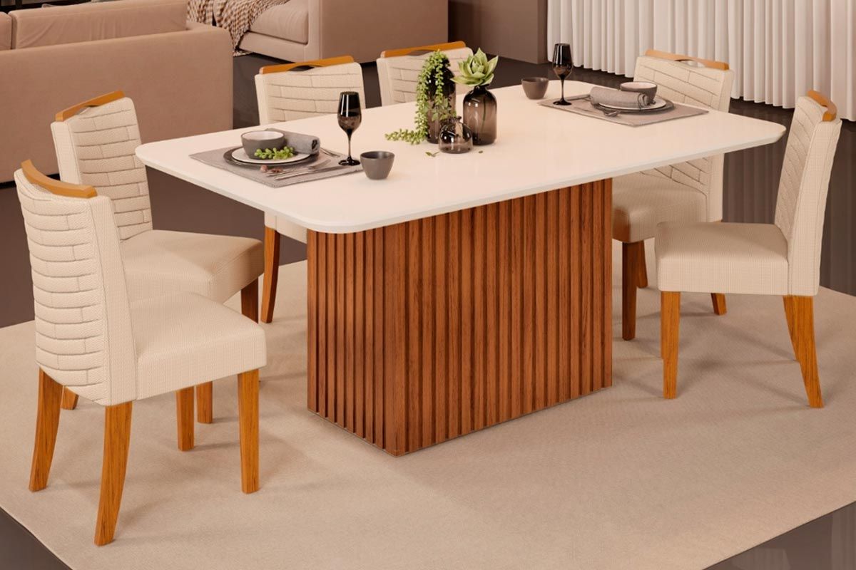 Sala Jantar Mesa Canes c/ Tampo Madeirado c/ Vidro Curvo 170x90cm e 6 Cadeiras Julia - DJ Móveis