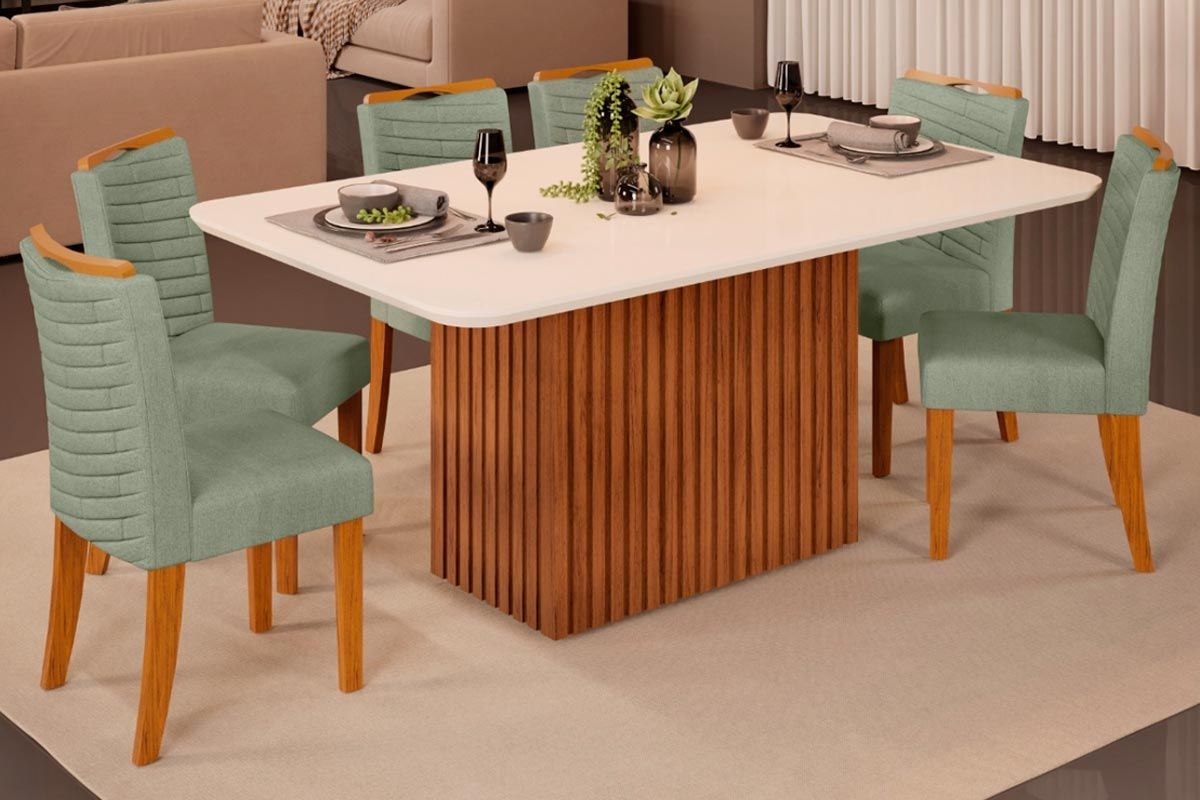 Sala Jantar Mesa Canes c/ Tampo Madeirado c/ Vidro Curvo 170x90cm e 6 Cadeiras Julia - DJ Móveis