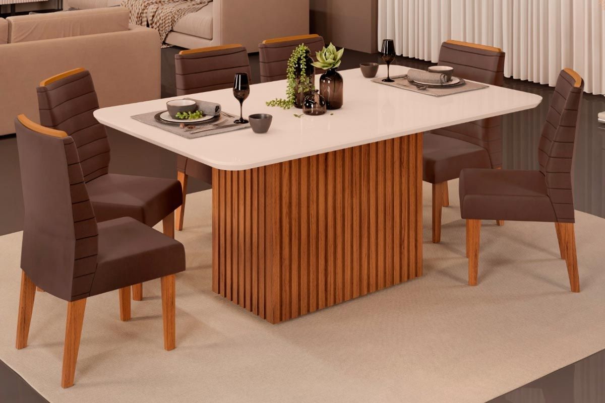 Sala de Jantar Completa Canes c/ Tampo Madeirado c/ Vidro Curvo 170x90cm e 6 Cadeiras Ondina - DJ Móveis