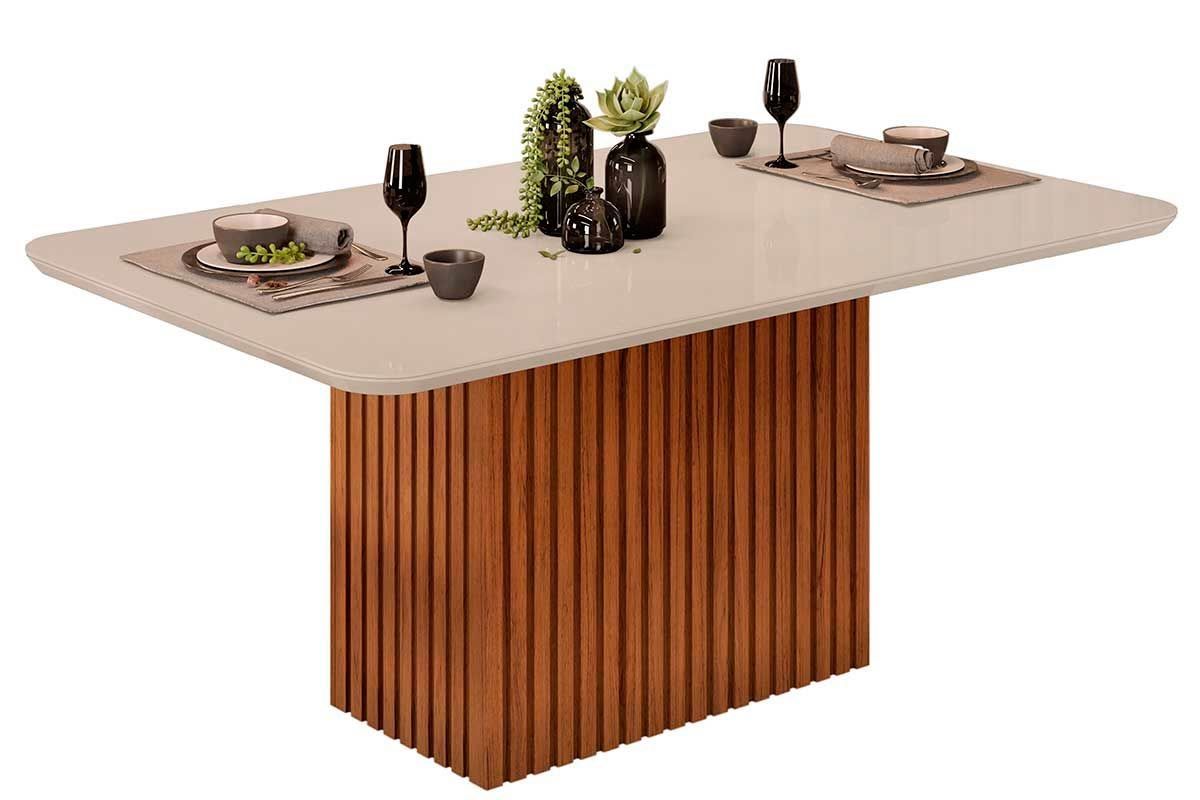 Sala de Jantar Completa Canes c/ Tampo Madeirado c/ Vidro Curvo 170x90cm e 6 Cadeiras Ondina - DJ Móveis