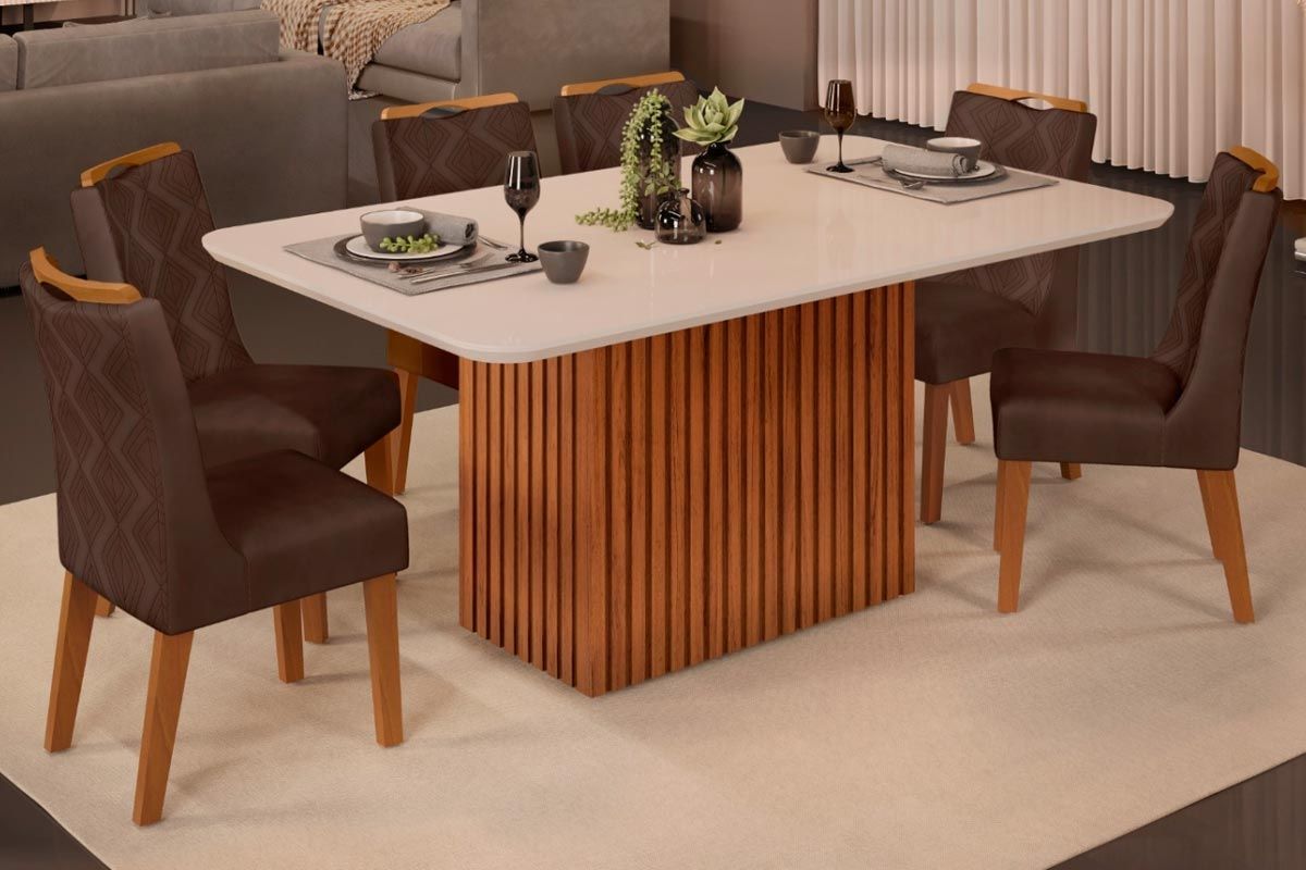 Sala Jantar Mesa Canes c/ Tampo Madeirado c/ Vidro Curvo 170x90cm e 6 Cadeiras Stela - DJ Móveis