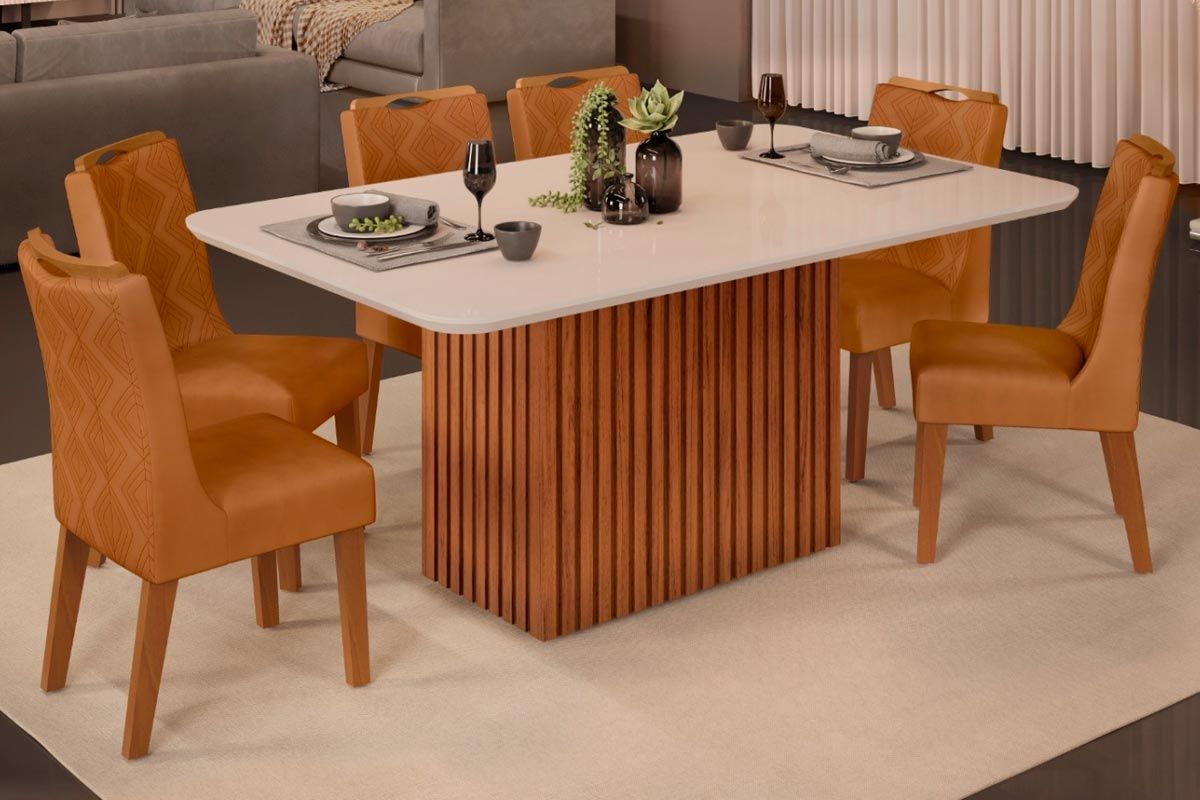 Sala Jantar Mesa Canes c/ Tampo Madeirado c/ Vidro Curvo 170x90cm e 6 Cadeiras Stela - DJ Móveis