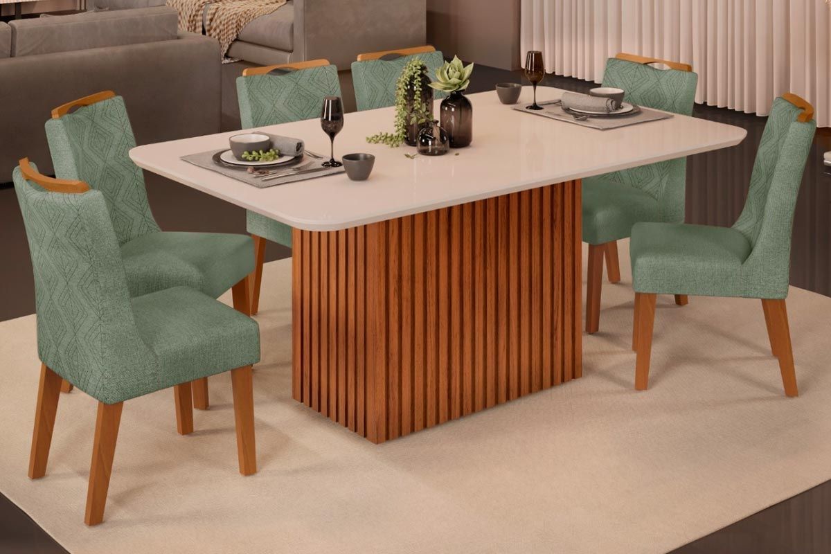 Sala Jantar Mesa Canes c/ Tampo Madeirado c/ Vidro Curvo 170x90cm e 6 Cadeiras Stela - DJ Móveis