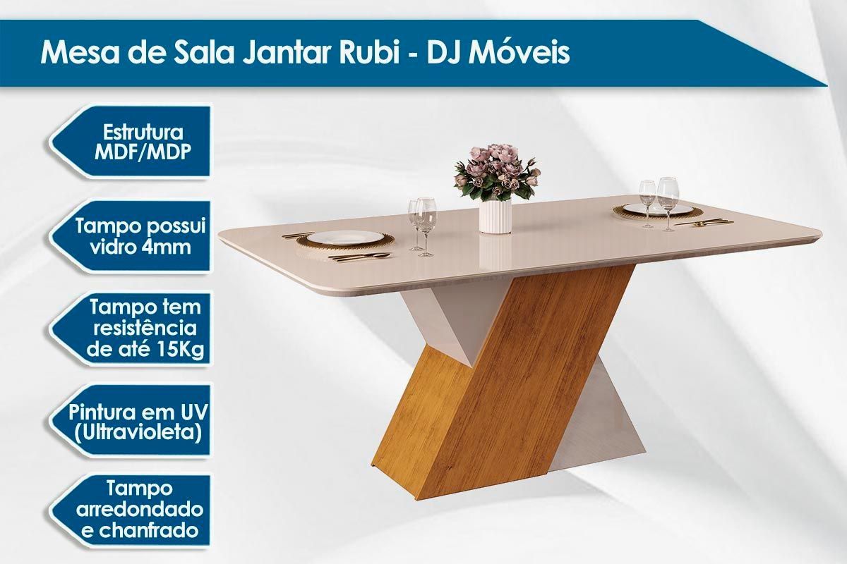 Sala de Jantar Completa Rubi c/ Tampo Madeirado c/ Vidro Curvo 170x90cm e 6 Cadeiras Zoe - DJ Móveis