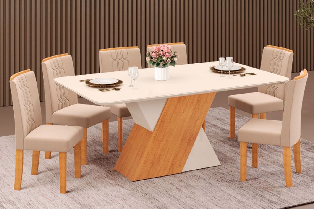 Sala de Jantar Completa Rubi c/ Tampo Madeirado c/ Vidro Curvo 170x90cm e 6 Cadeiras Zoe - DJ Móveis