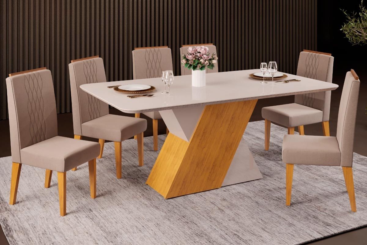 Sala de Jantar Completa Rubi c/ Tampo Madeirado c/ Vidro Curvo 170x90cm e 6 Cadeiras Lia - DJ Móveis