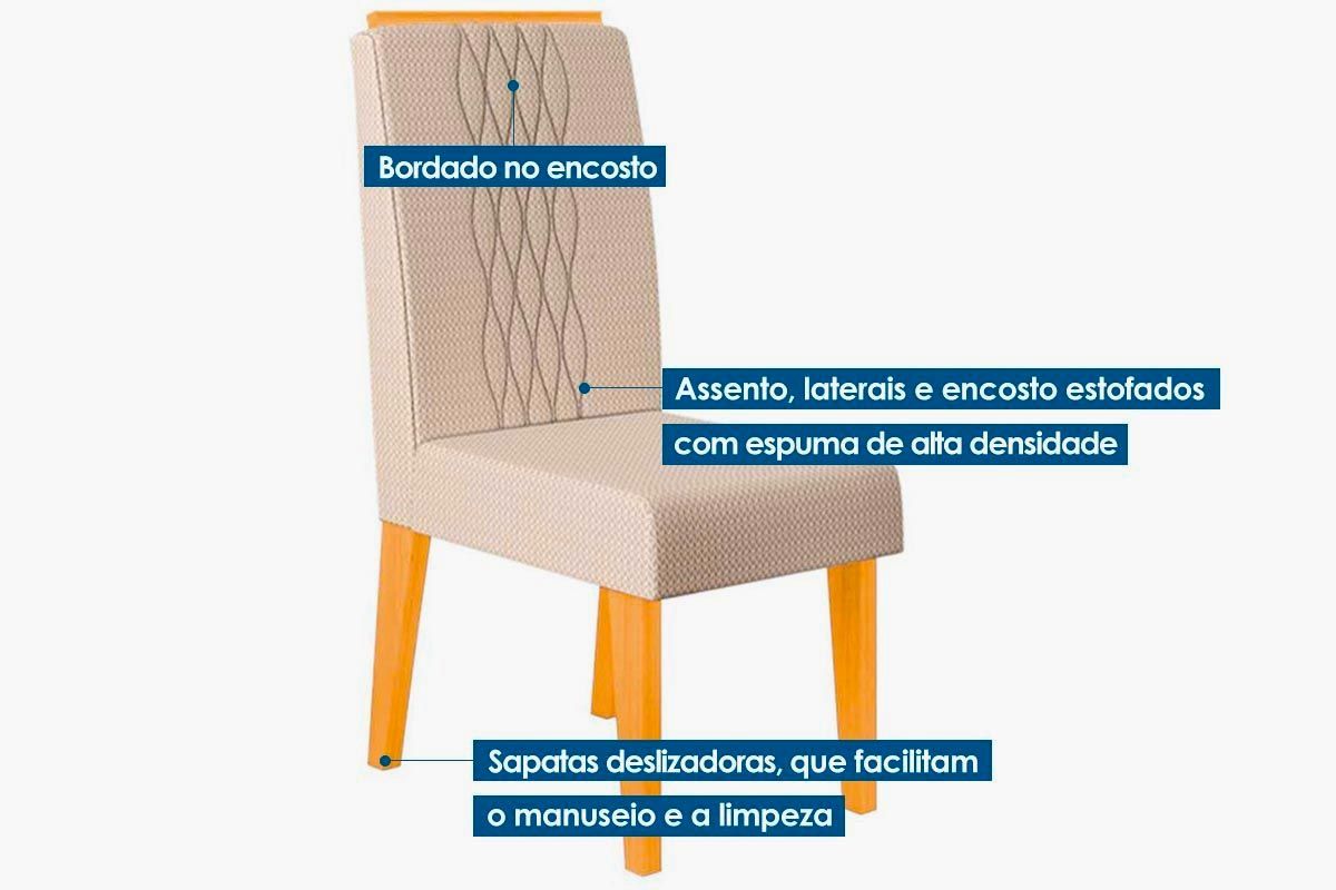 Sala de Jantar Completa Rubi c/ Tampo Madeirado c/ Vidro Curvo 170x90cm e 6 Cadeiras Lia - DJ Móveis