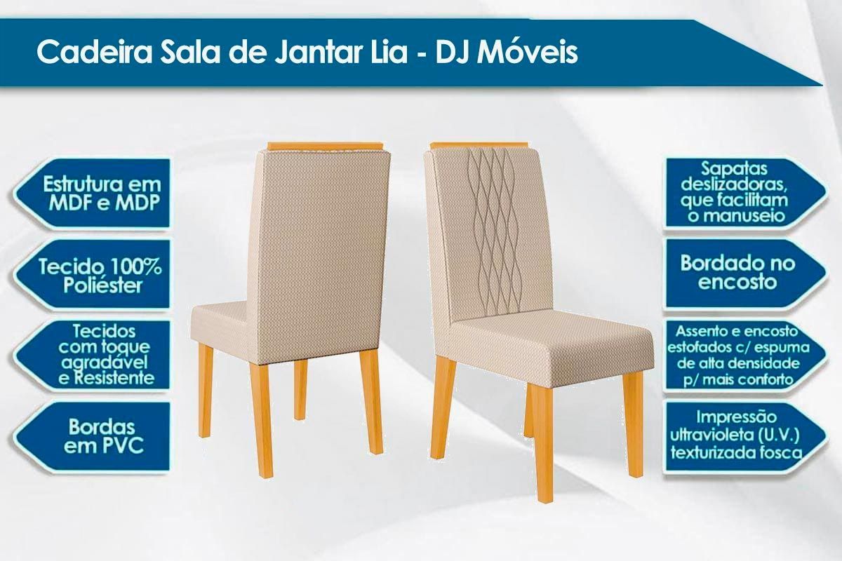 Sala de Jantar Completa Rubi c/ Tampo Madeirado c/ Vidro Curvo 170x90cm e 6 Cadeiras Lia - DJ Móveis