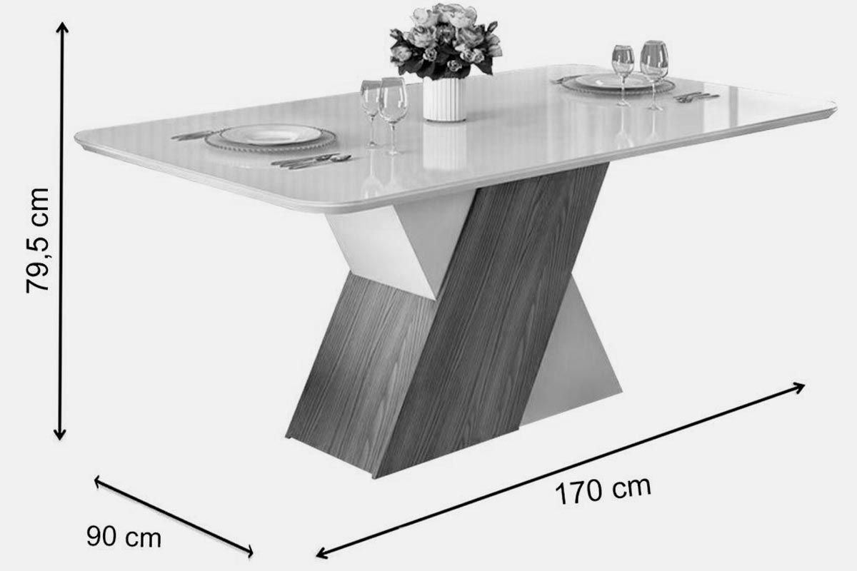 Sala de Jantar Completa Rubi c/ Tampo Madeirado c/ Vidro Curvo 170x90cm e 6 Cadeiras Lia - DJ Móveis