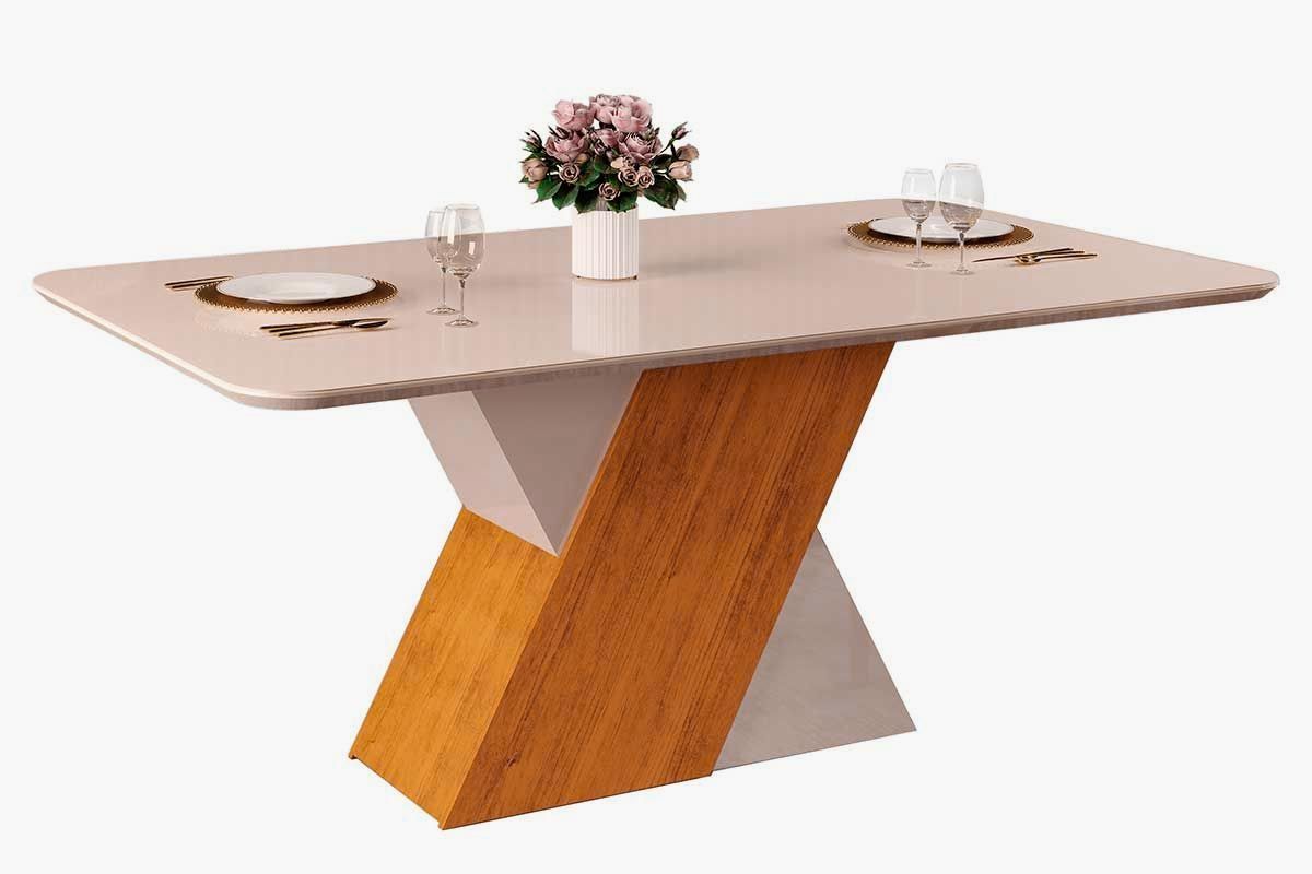 Sala de Jantar Completa Rubi c/ Tampo Madeirado c/ Vidro Curvo 170x90cm e 6 Cadeiras Lia - DJ Móveis