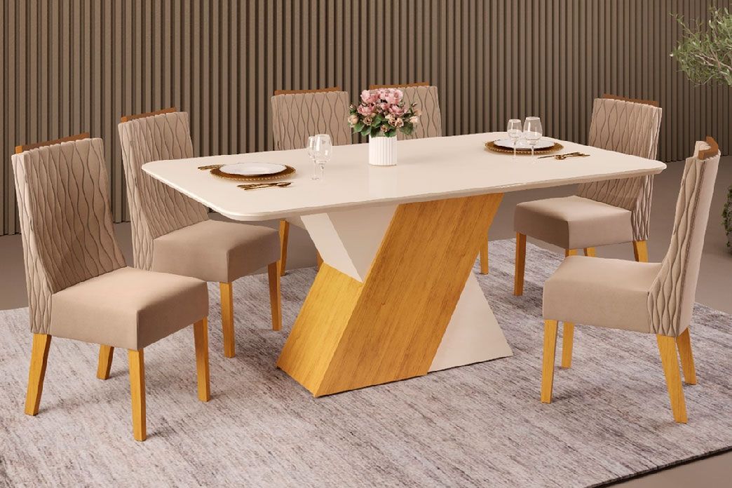Sala de Jantar Completa Rubi c/ Tampo Madeirado c/ Vidro Curvo 170x90cm e 6 Cadeiras Jade - DJ Móveis