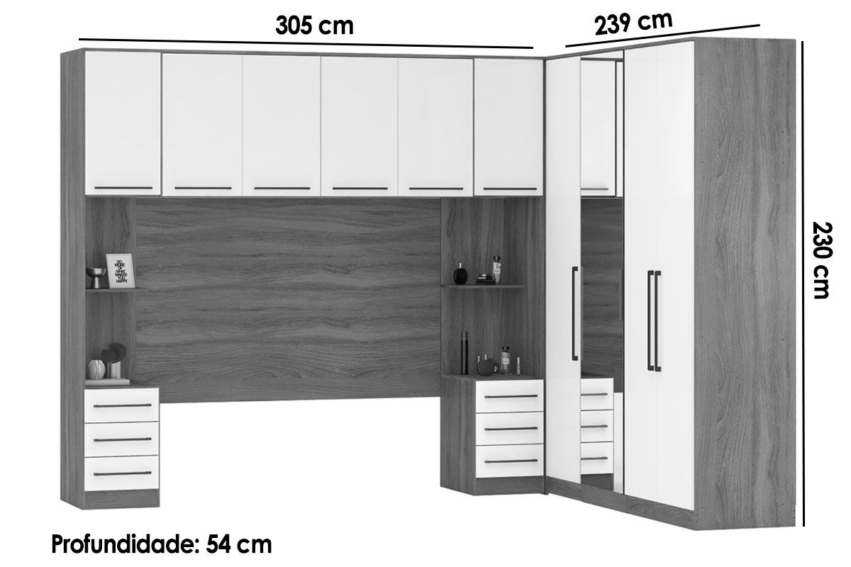Quarto Casal Modulado Irlanda 7 Peças (3 Armários + 1 Ponte Aérea + 3 Complementos) QCM159 - Demóbile
