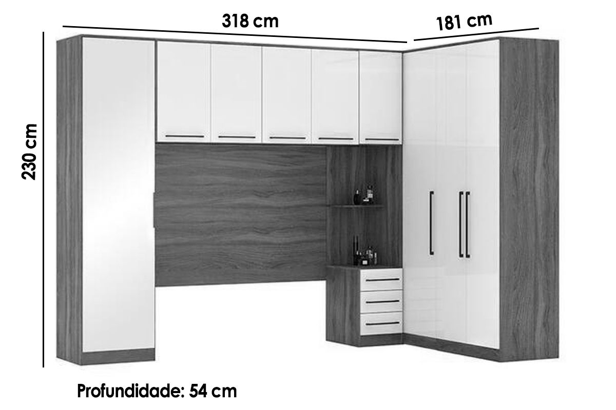Quarto Casal Modulado Irlanda 6 Peças (3 Armários + 1 Ponte Aérea + 2 Complementos) QCM163 - Demóbile