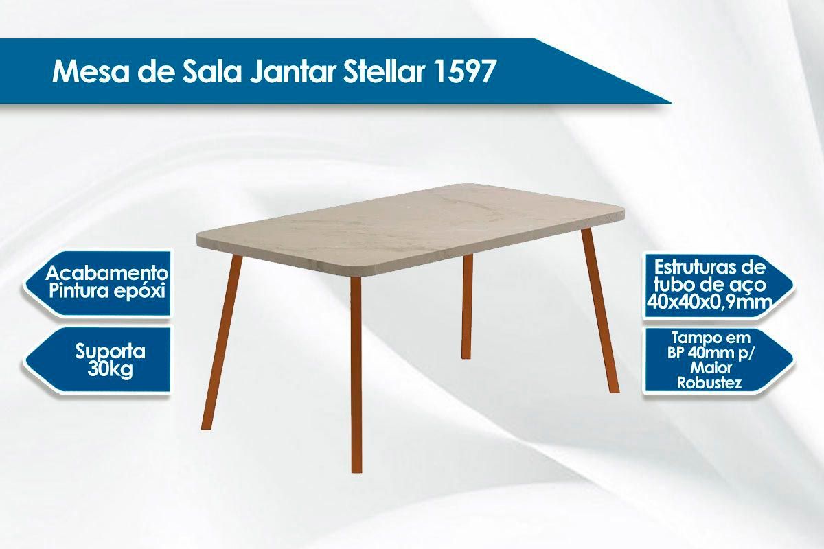 Sala de Jantar Completa Stellar 1597 Aço c/ Tampo Madeirado 160x90cm e 4 Cadeiras Duo - Carraro
