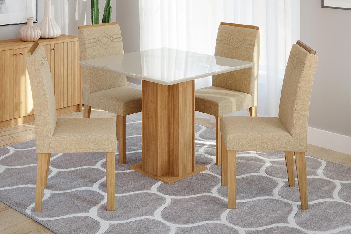 Sala Jantar Mesa Sophia c/ Tampo Madeirado c/ Vidro 95x95cm e 4 Cadeiras Taís - Cimol