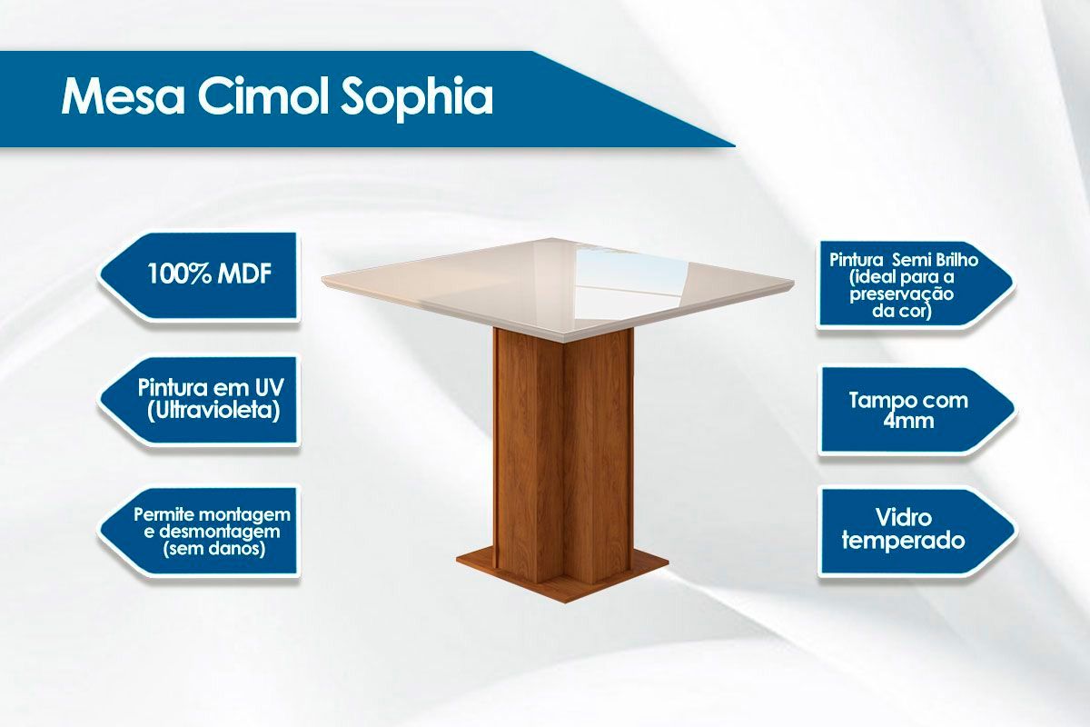 Sala Jantar Mesa Sophia c/ Tampo Madeirado c/ Vidro 95x95cm e 4 Cadeiras Taís - Cimol