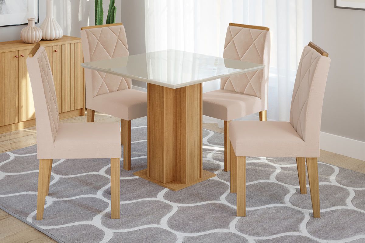 Sala Jantar Mesa Sophia c/ Tampo Madeirado c/ Vidro 95x95cm e 4 Cadeiras Fernanda - Cimol