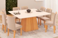 Sala de Jantar Completa Itália c/ Tampo Madeirado c/ Vidro Curvo 136x136cm e 8 Cadeiras Zoe - DJ Móveis