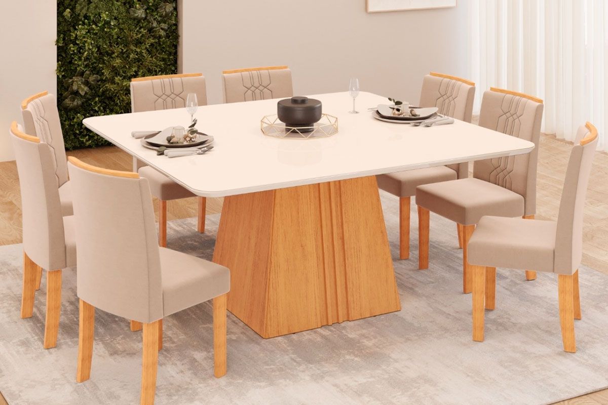 Sala de Jantar Completa Itália c/ Tampo Madeirado c/ Vidro Curvo 136x136cm e 8 Cadeiras Zoe - DJ Móveis