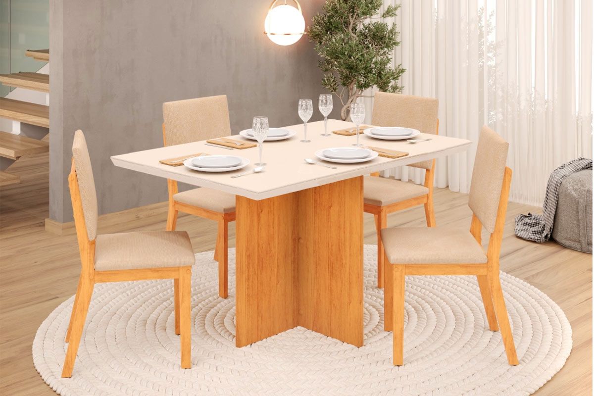 Sala de Jantar Completa Hera c/ Tampo Madeirado c/ Vidro 120x90cm e 4 Cadeiras Talia - DJ Móveis