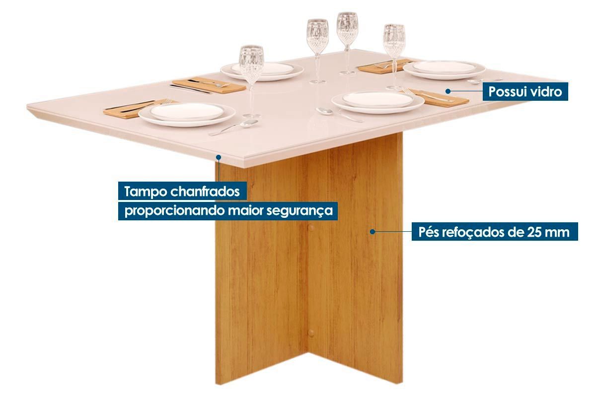 Sala de Jantar Completa Hera c/ Tampo Madeirado c/ Vidro Reto 120x90cm e 4 Cadeiras Talia - DJ Móveis