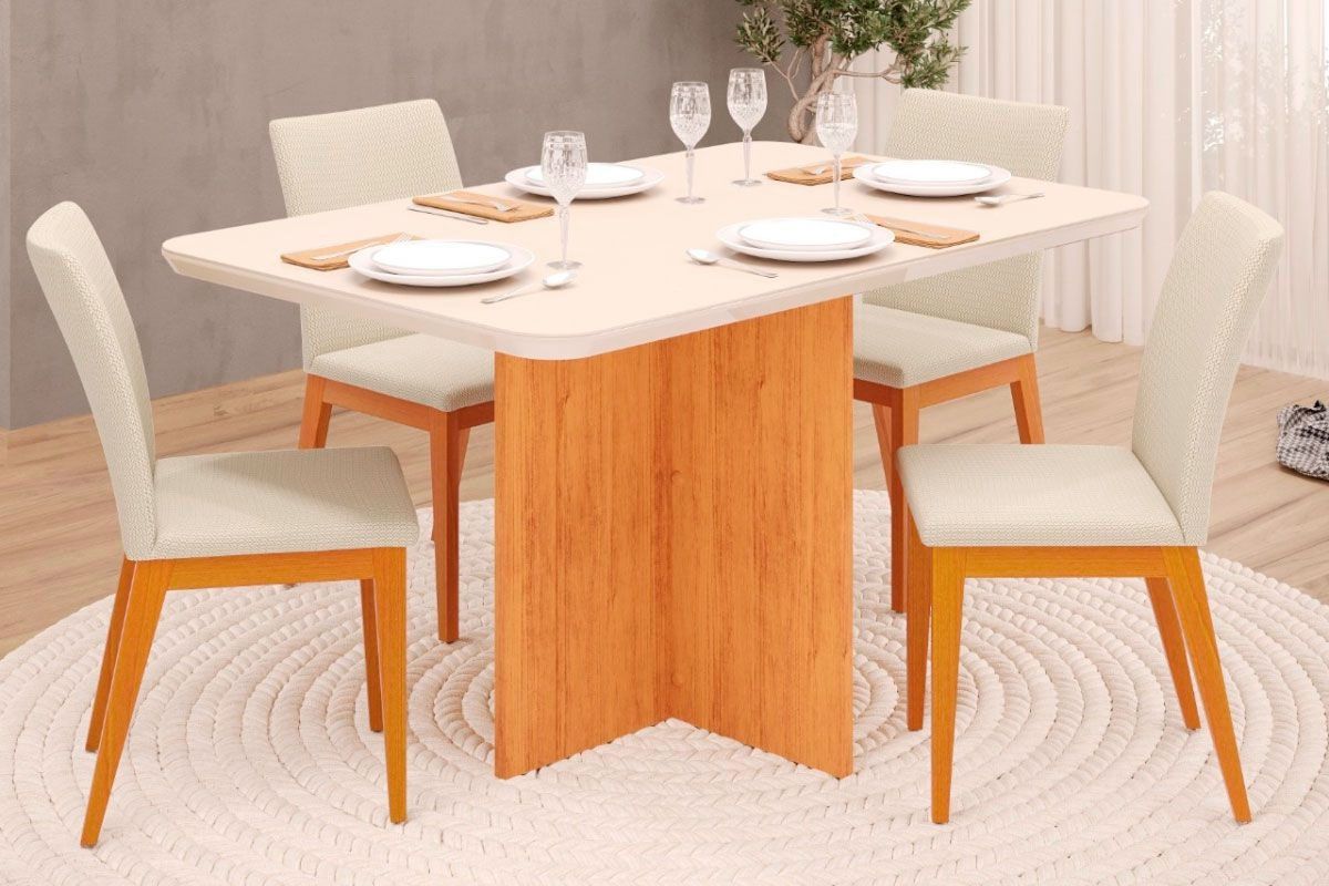 Sala de Jantar Completa Hera c/ Tampo Madeirado c/ Vidro 120x90cm e 4 Cadeiras Vitória - DJ Móveis