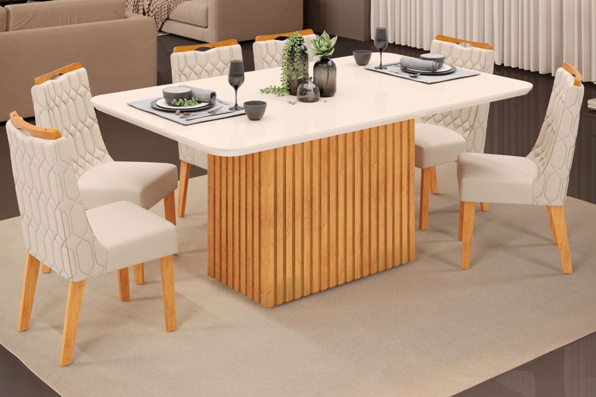 Sala de Jantar Completa Canes c/ Tampo Madeirado c/ Vidro Curvo 170x90cm e 6 Cadeiras Bia - DJ Móveis