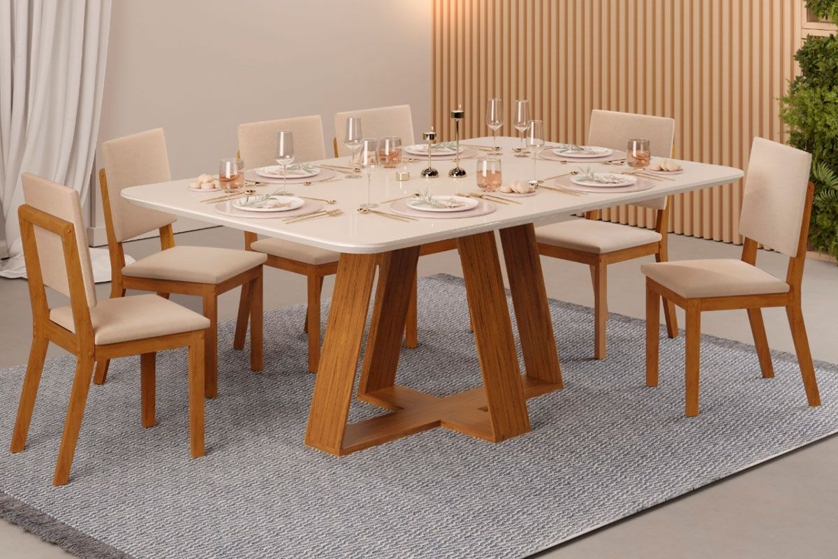 Sala Jantar Mesa Celeste c/ Tampo Madeirado c/ Vidro Curvo 160x90cm e 6 Cadeiras Talia - DJ Móveis