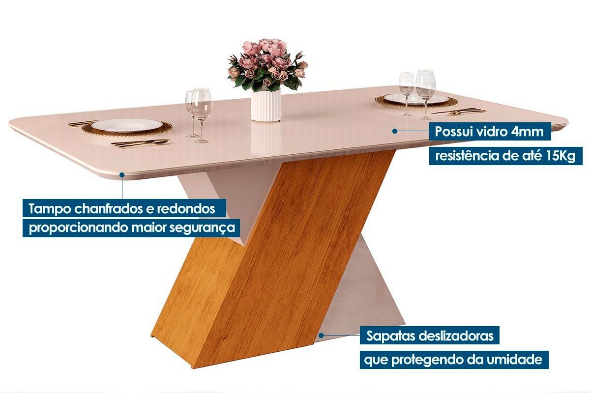 Sala de Jantar Completa Rubi c/ Tampo Madeirado c/ Vidro 170x90cm e 6 Cadeiras Jade - DJ Móveis