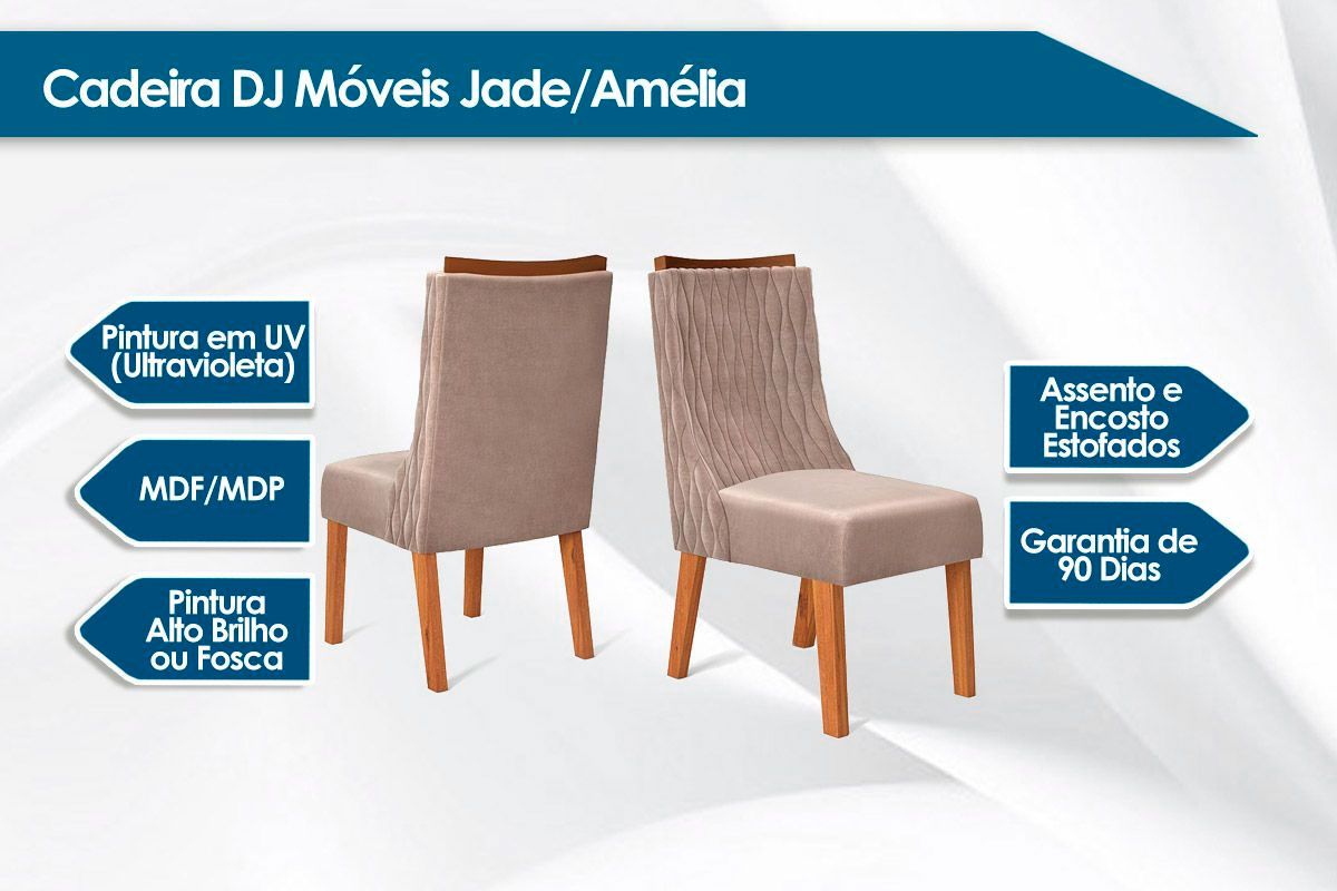 Sala de Jantar Completa Rubi c/ Tampo Madeirado c/ Vidro 170x90cm e 6 Cadeiras Jade - DJ Móveis