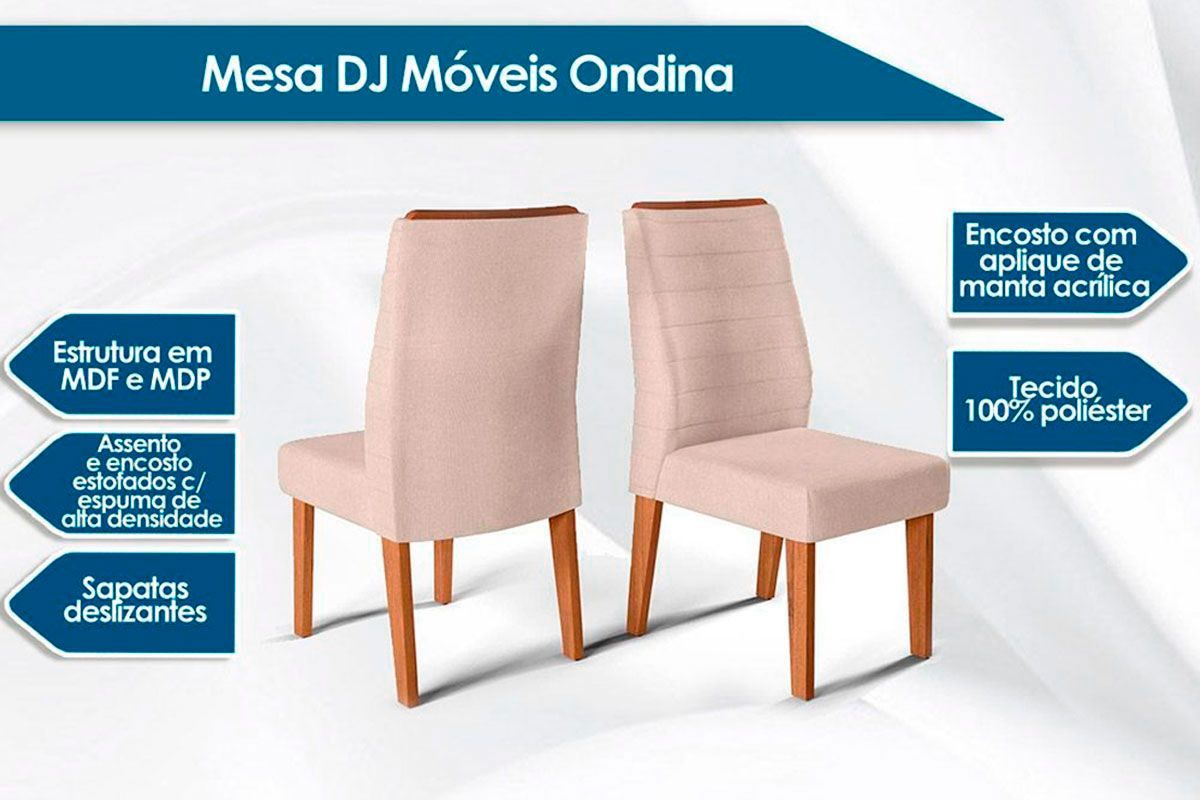 Sala de Jantar Completa Rubi c/ Tampo Madeirado c/ Vidro Canto Reto 170x90cm e 6 Cadeiras Ondina - DJ Móveis