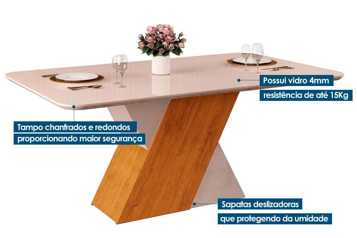 Sala de Jantar Completa Rubi c/ Tampo Madeirado c/ Vidro Canto Reto 170x90cm e 6 Cadeiras Ondina - DJ Móveis