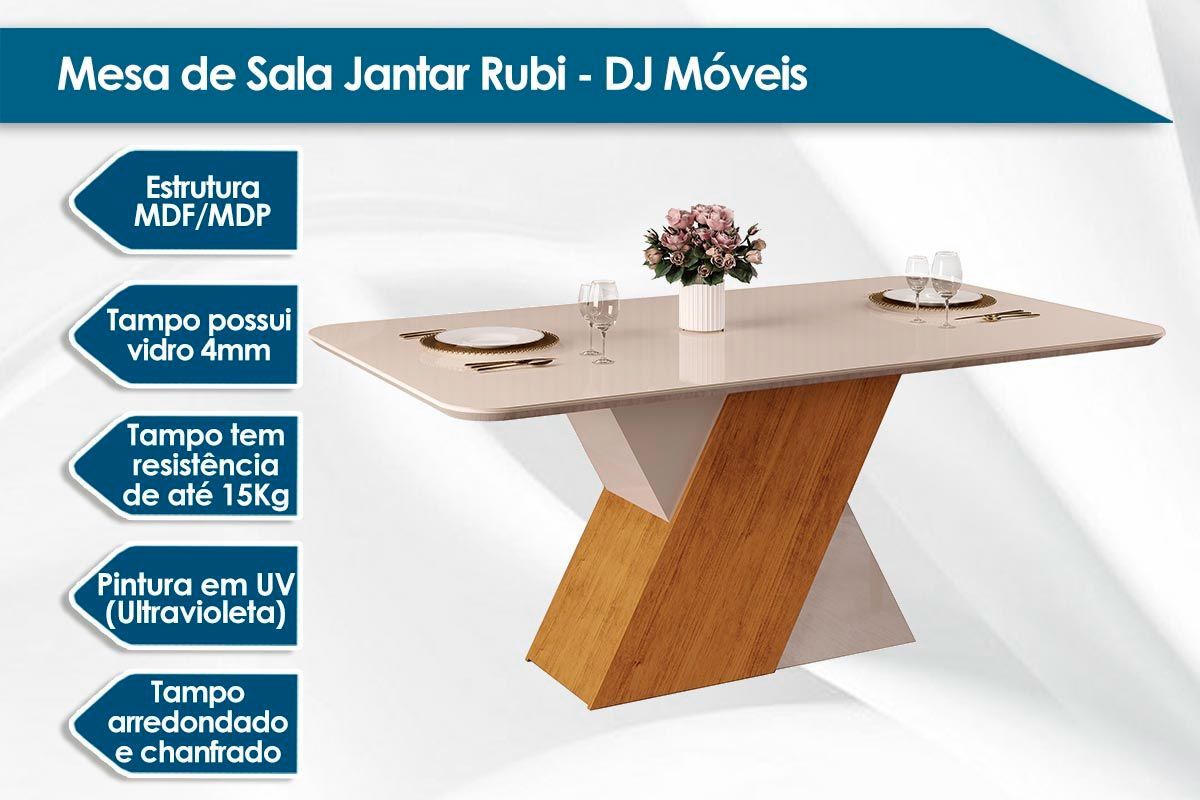 Sala de Jantar Completa Rubi c/ Tampo Madeirado c/ Vidro Canto Reto 170x90cm e 6 Cadeiras Zoe - DJ Móveis