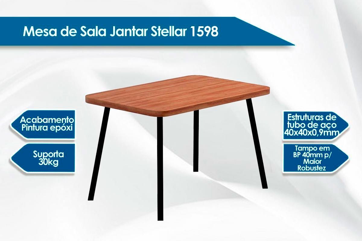 Sala Jantar Mesa Stellar 1598 Aço c/ Tampo Madeirado 120x80cm e 4 Cadeiras Duo - Carraro