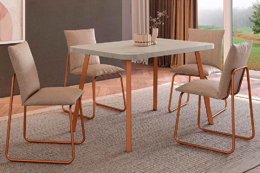 Sala Jantar Mesa Stellar 1598 Aço c/ Tampo Madeirado 120x80cm e 4 Cadeiras Soft - Carraro