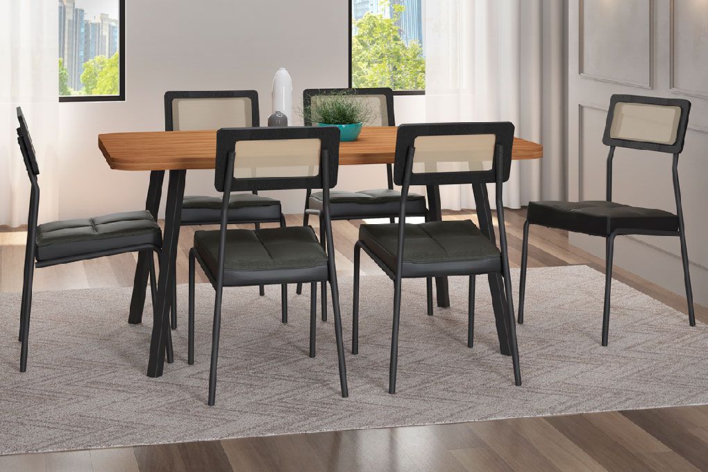 Sala de Jantar Completa Stellar 1597 Aço c/ Tampo Madeirado 160x90cm e 6 Cadeiras Lux - Carraro