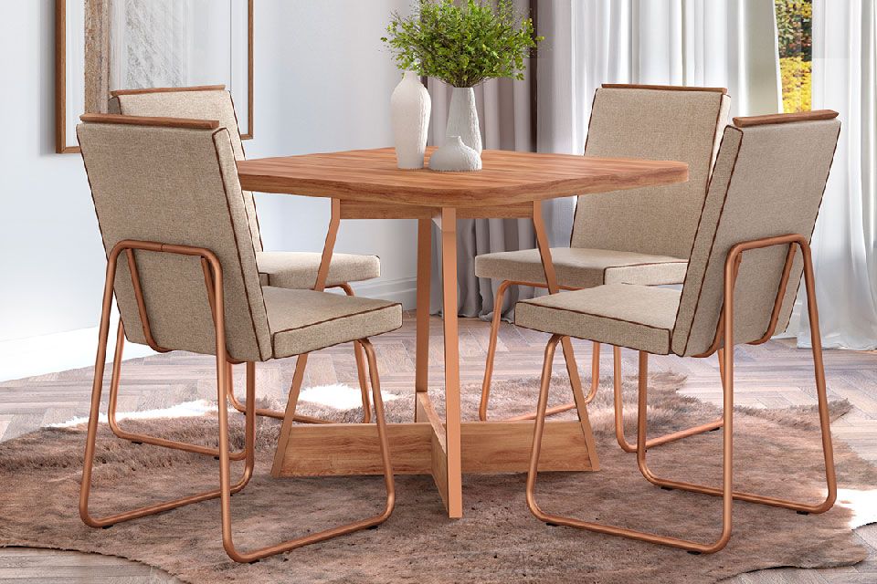 Sala de Jantar Completa Átria 1593 Aço c/ Tampo Madeirado 90x90cm e 4 Cadeiras Lira - Carraro