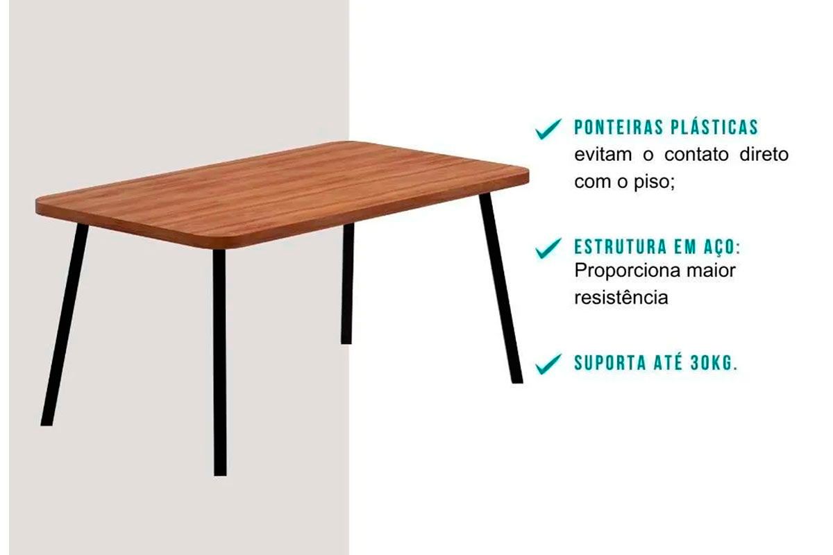 Sala de Jantar Completa Stellar 1597 Aço c/ Tampo Madeirado 160x90cm e 6 Cadeiras Lira - Carraro