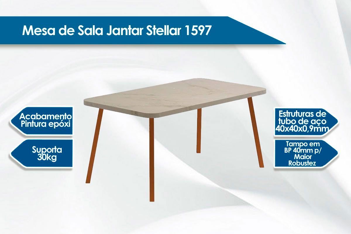 Sala de Jantar Completa Stellar 1597 Aço c/ Tampo Madeirado 160x90cm e 6 Cadeiras Lira - Carraro