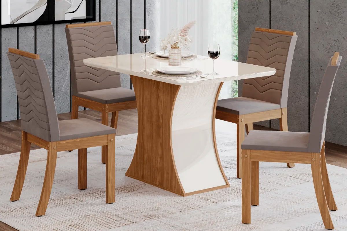 Sala de Jantar Completa Luiza c/ Tampo de Vidro 120x80cm e 4 Cadeiras Isa - Henn