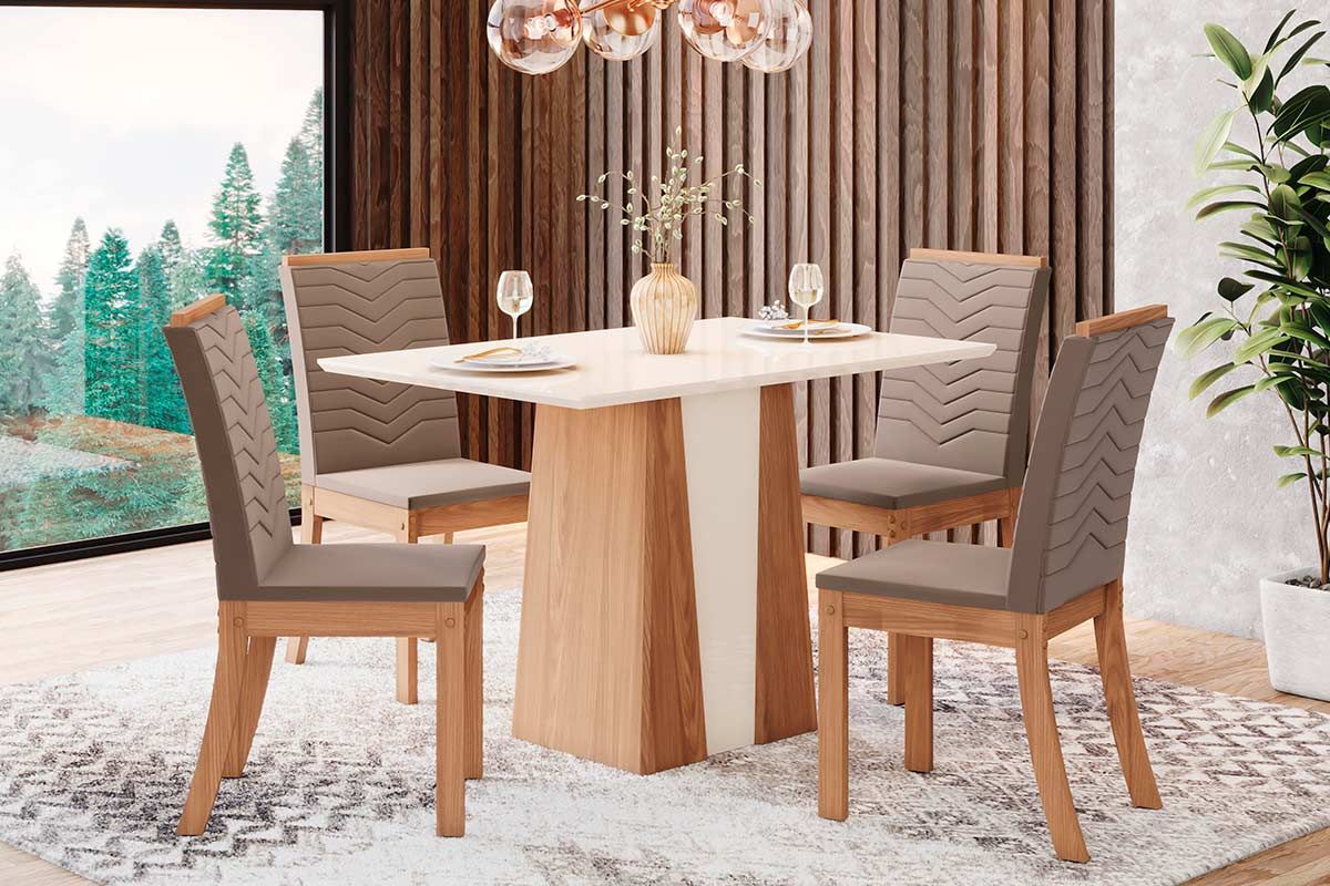 Sala de Jantar Completa Orus c/ Tampo Madeirado 120x80cm e 4 Cadeiras Isa - Henn