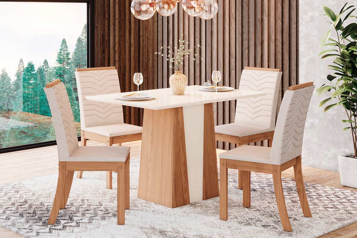 Sala de Jantar Completa Orus c/ Tampo Madeirado 120x80cm e 4 Cadeiras Isa - Henn