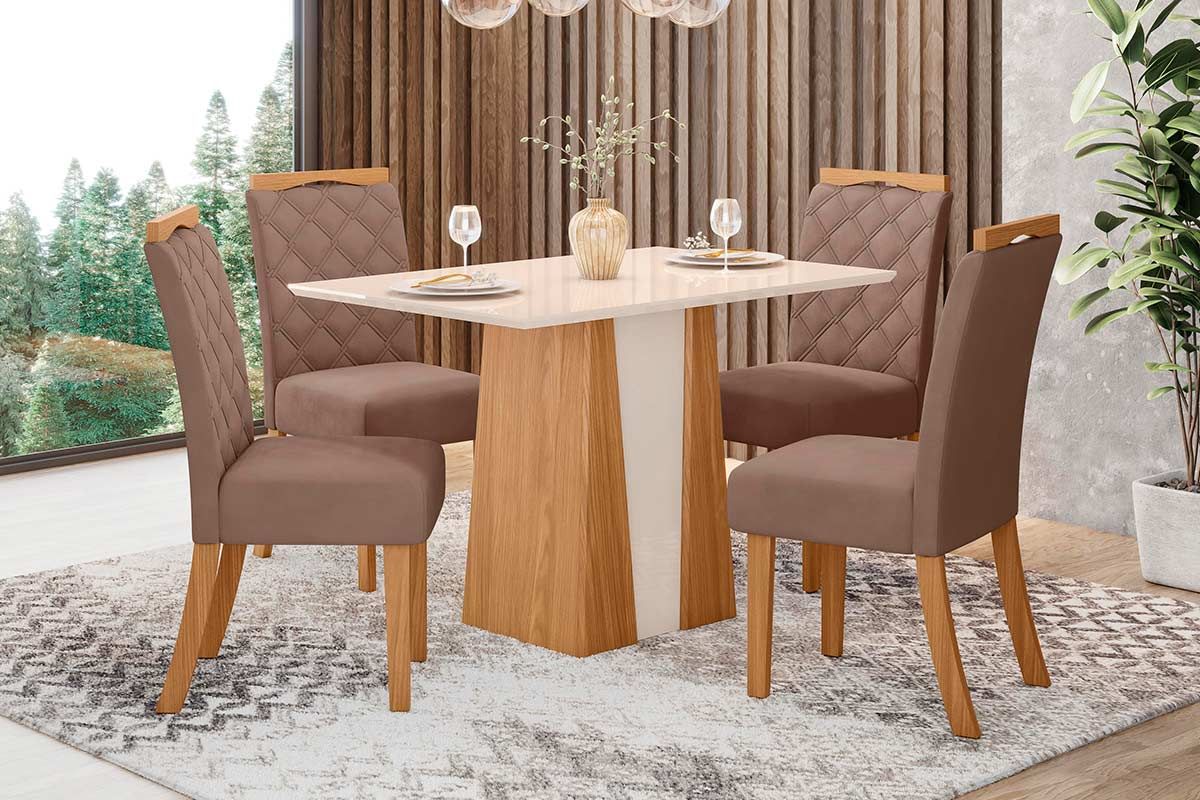 Sala de Jantar Completa Orus c/ Tampo Madeirado 120x80cm e 4 Cadeiras Bella - Henn