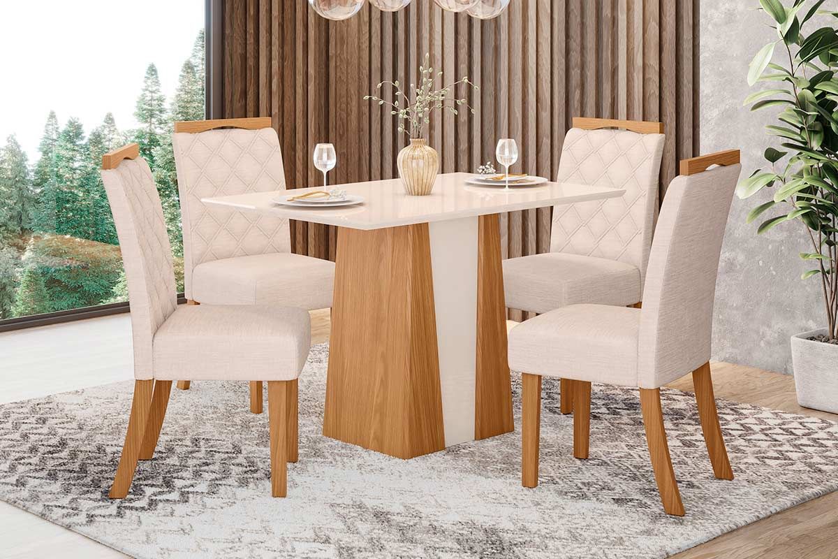Sala de Jantar Completa Orus c/ Tampo Madeirado 120x80cm e 4 Cadeiras Bella - Henn