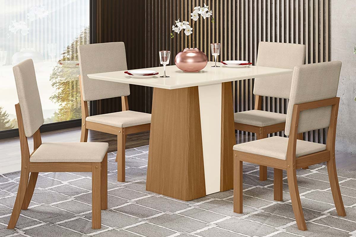 Sala de Jantar Completa Orus c/ Tampo Madeirado 120x80cm e 4 Cadeiras Milla - Henn
